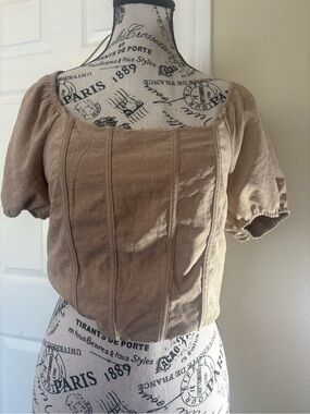Kirious Los Angeles Women's Square Neck Puff Sleeve Top — Taupe size L